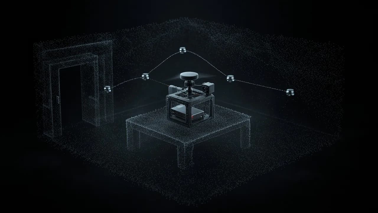 Sensor rig on a table in a room drawn as a sparse point cloud, with a looping camera path