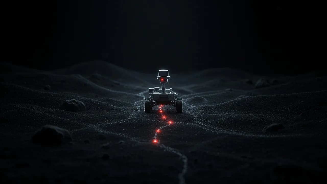 Rover on dark terrain scanning the ground ahead into a point cloud along a planned path