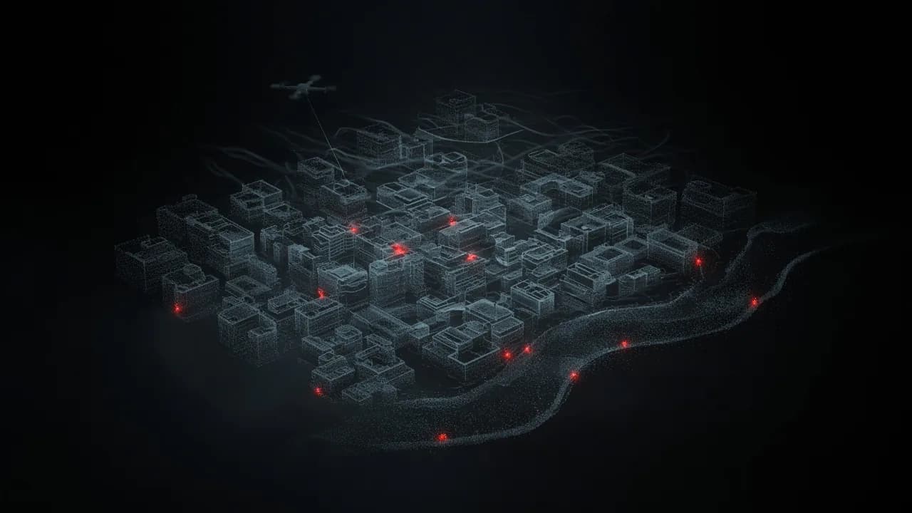 Wireframe model of a city district with a river of particles and a drone overhead